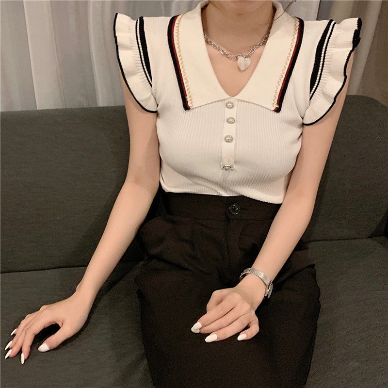 Áo kiểu IELGY thiết kế sát nách cổ polo vải dệt kim lụa lạnh mỏng thoải mái cho nữ