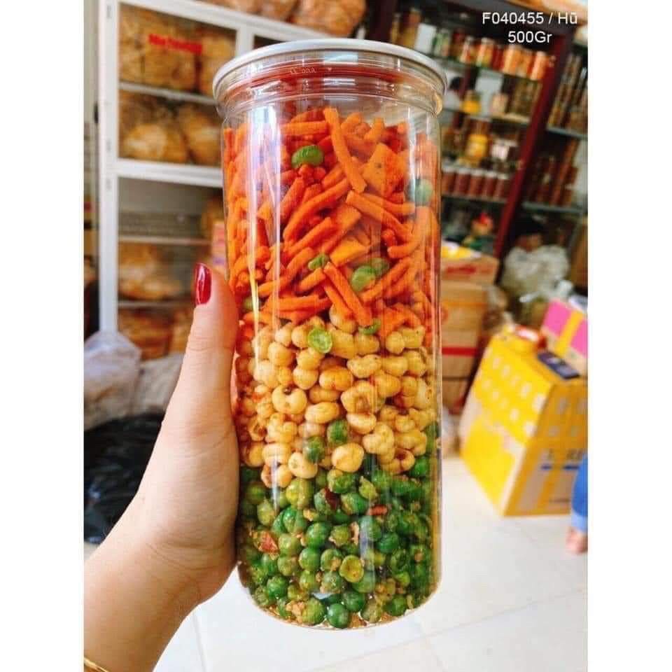 Bắp sấy mix bim bim que, đậu Hà Lan tỏi ớt lon 400g, giòn rụm, vị đậm đà