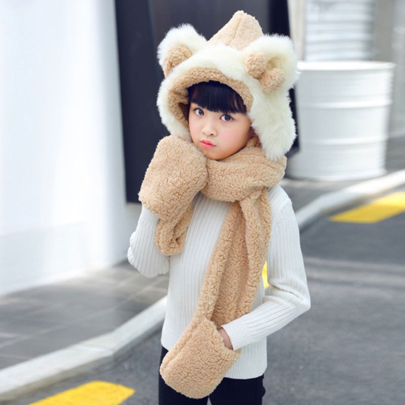 Set mũ tai gấu + găng tay + khăn lông thắt nơ ấm áp dễ thương mùa đông cho bé