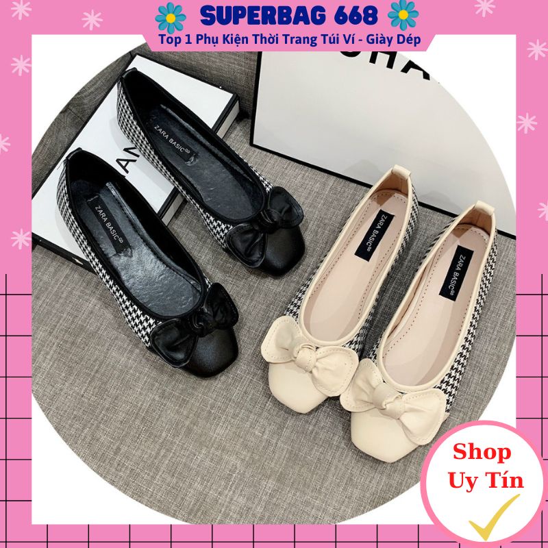 Giày Bệt Nữ ♥️FREESHIP♥️ Giày Búp Bê Kẻ Đính Nơ Đế Dẻo Da Mềm Siêu Xinh SPB 69