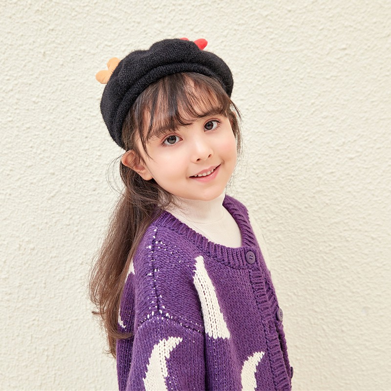 Mũ Beret Vải Cashmere Ấm Áp Họa Tiết Trái Tim Ngọt Ngào Cho Bé Gái