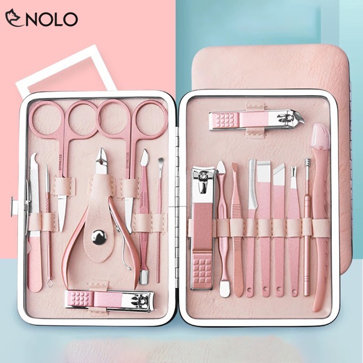 Bộ Phụ Kiện Làm Nail Bấm Cắt Móng Tay Cắt Da Chết Gồm 18 Chi Tiết Chất Liệu Hợp Kim Có Hộp Đựng Màu Hồng Pastel