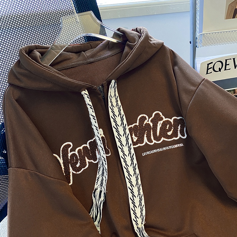 ZHELIHANGFEI Áo Hoodie Tay Dài Form Rộng Họa Tiết Thêu Theo Phong Cách Nhật Bản