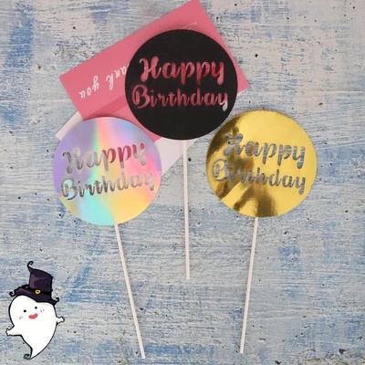 Phụ kiện cắm trang trí bánh kem hình tròn in chữ Happy Birthday lấp lánh thời trang DIY