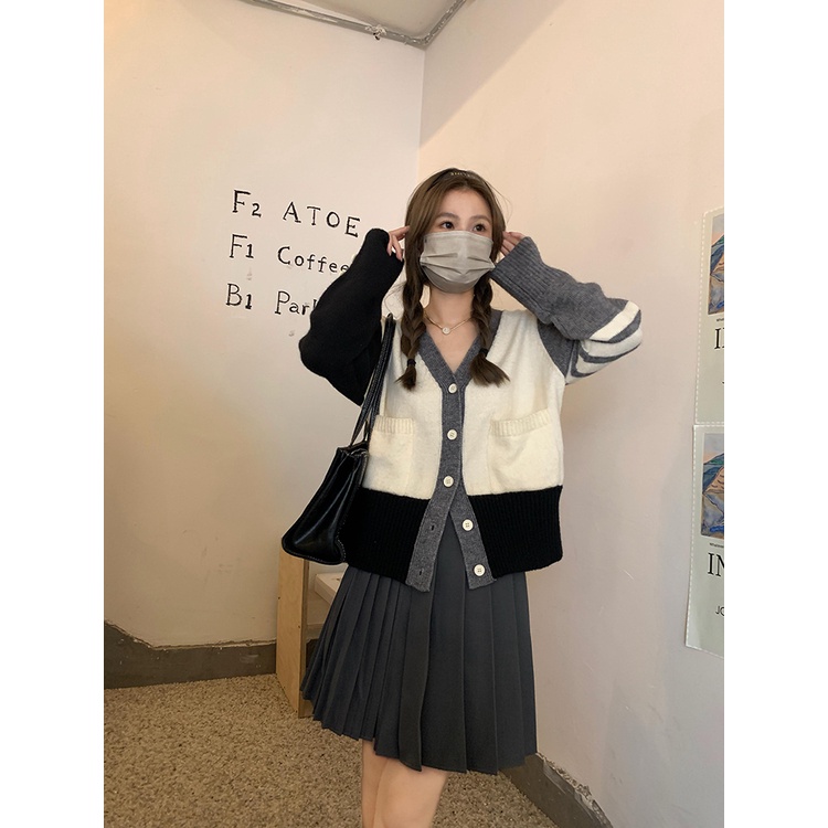 ZHELIHANGFEI Áo Cardigan Dệt Kim Tay Dài Cổ Chữ V Lưng Cao Dáng Ôm Đơn Giản Dễ Phối Đồ