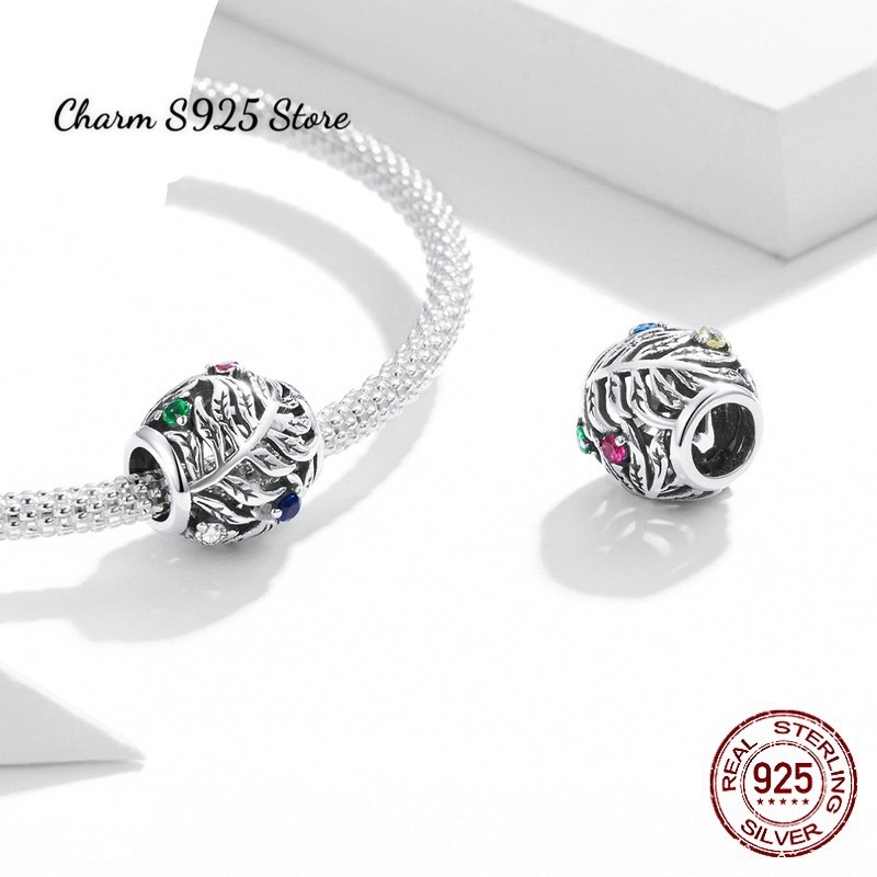CHARM XỎ NGANG HOẠ TIẾT CÀNH LÁ ĐÍNH ĐÁ BẠC S925 HÀNG CHÍNH HÃNG CAO CẤP
