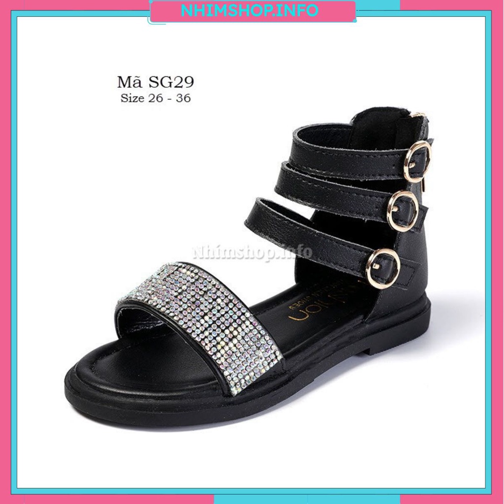 Giày sandal bé gái đính kim sa màu đen chiến binh cổ cao mang mùa hè thời trang điệu đà đi học đi biển BABYHATTIEU SG29