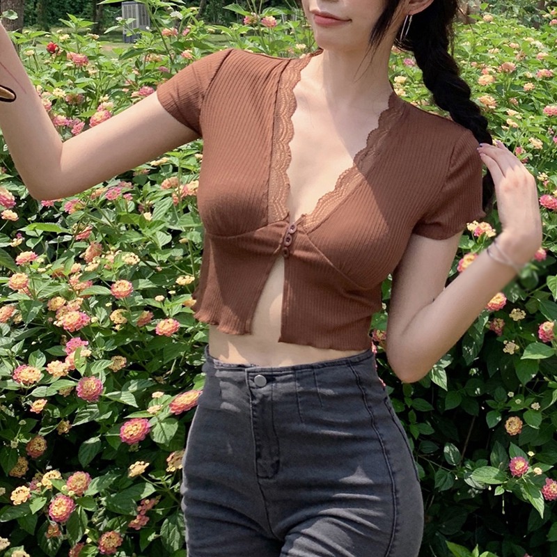 Áo Croptop Dệt Kim Dáng Ôm Cổ Chữ V Xẻ Tà Quyến Rũ Cho Nữ