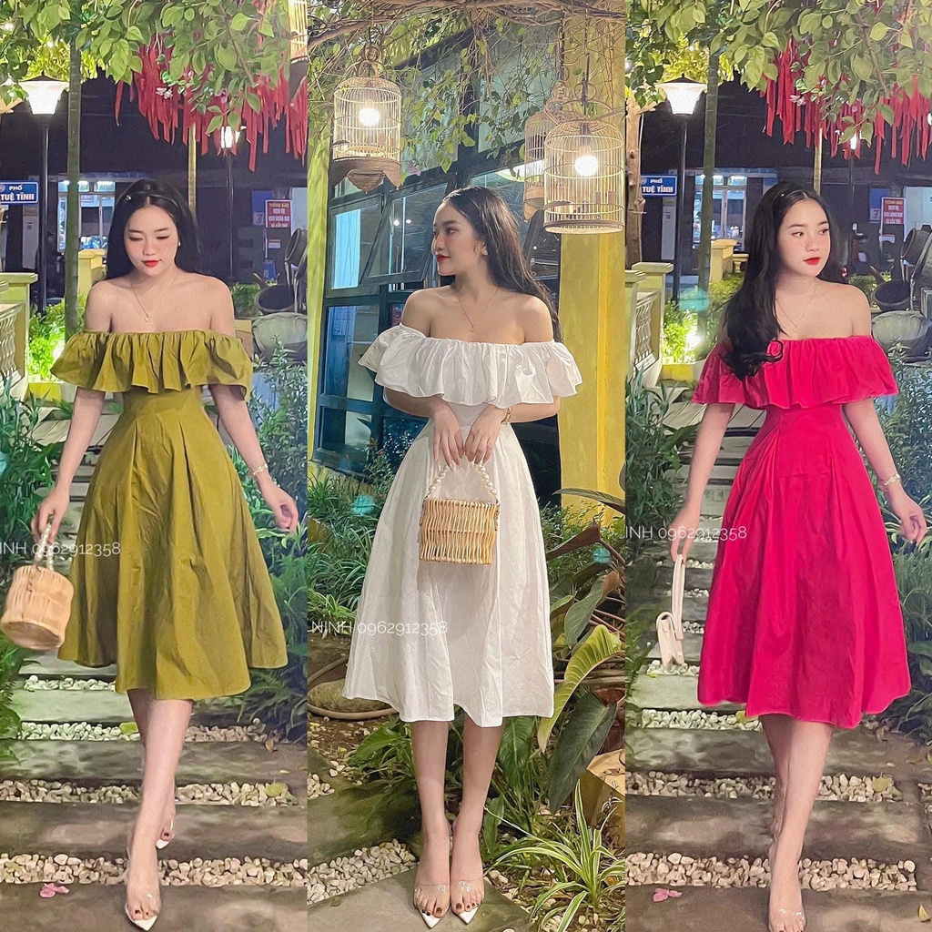 Váy trễ vai bèo dáng xòe bồng chất thô dày đẹp dáng dài nhẹ nhàng, nữ tính, hàng loại 1 kèm ảnh thật full size nhiều màu