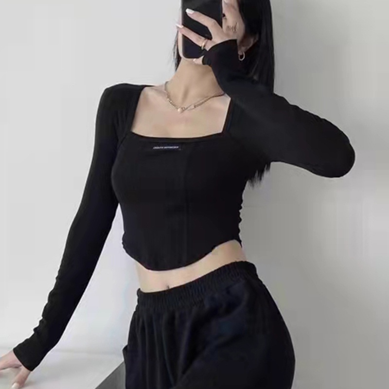 Áo thun croptop tay dài cổ vuông chất liệu Cotton thời trang mùa thu phong cách Hàn Quốc mới cho nữ