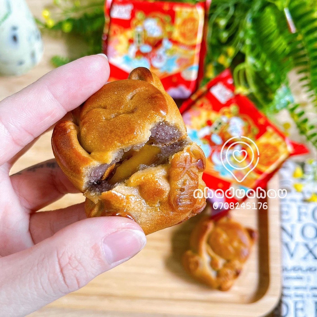 Xả 1 cái bánh qui nướng nhân khoai môn/đậu đỏ trứng chảy hình mèo thần tài may mắn Hongkong cái 55gam