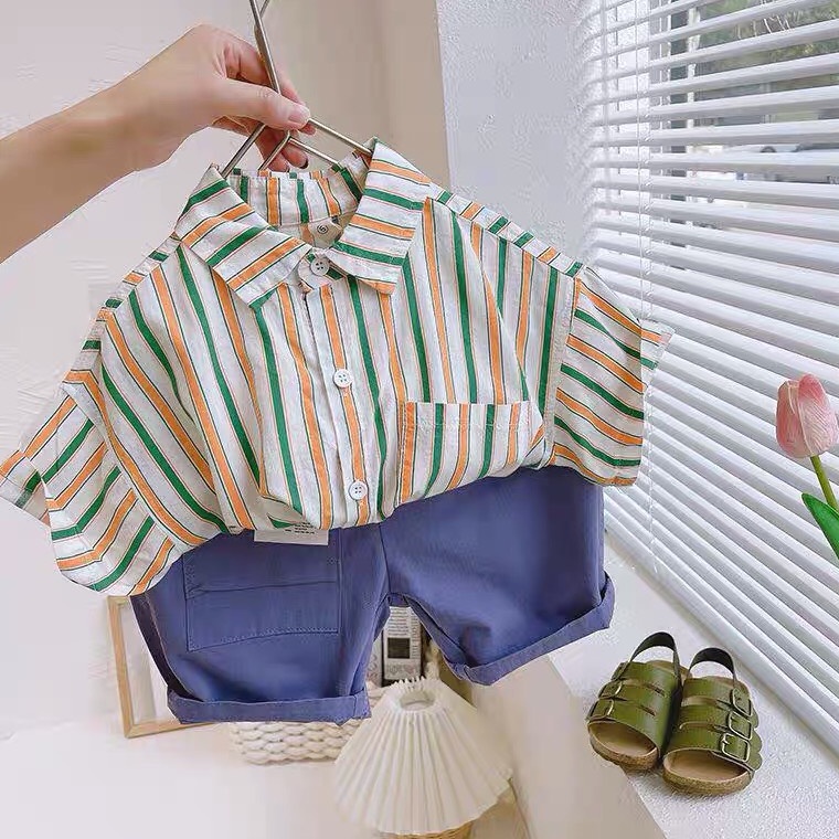 Bộ Sơ Mi Kẻ Cộc Tay Quần Ngố Chất Vải Đũi Co Dãn Mềm Mịn Cho Bé Từ 5Kg Đến 32Kg Thời Trang Trẻ Em BETHOKIDS