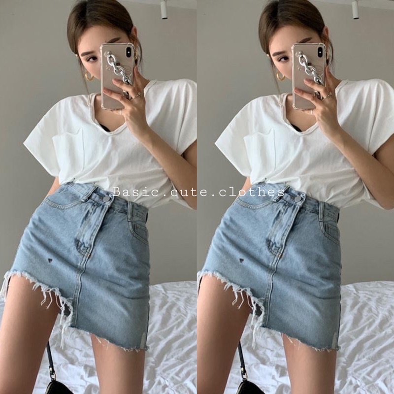 Chân váy jean rách kiểu dáng ngắn màu xanh nhạt phong cách sexy cá tính sẵn S,M