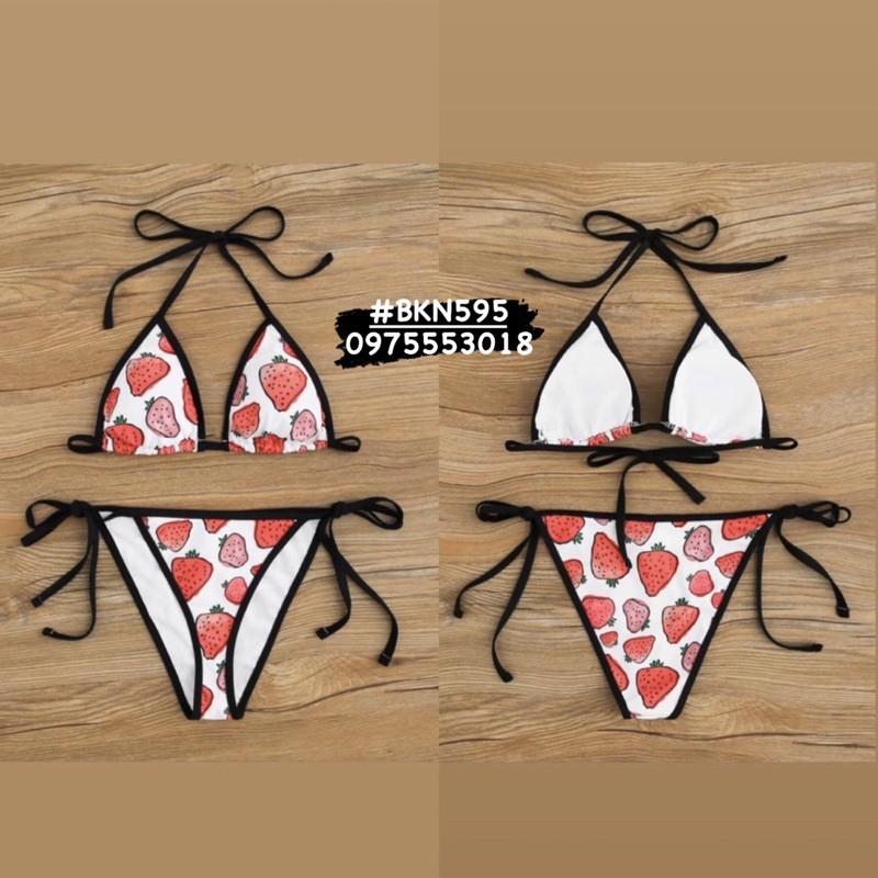 [BKN595] &lt;ÂU&gt; SET BIKINI QUẢ DÂU VIỀN ĐEN