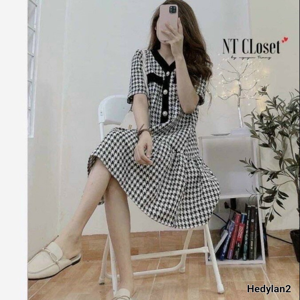 Váy bầu dáng suông đuôi cá với thiết kế KẺ KARO  viền đen trẻ trung xinh xắn năng động cho mẹ bầu V343