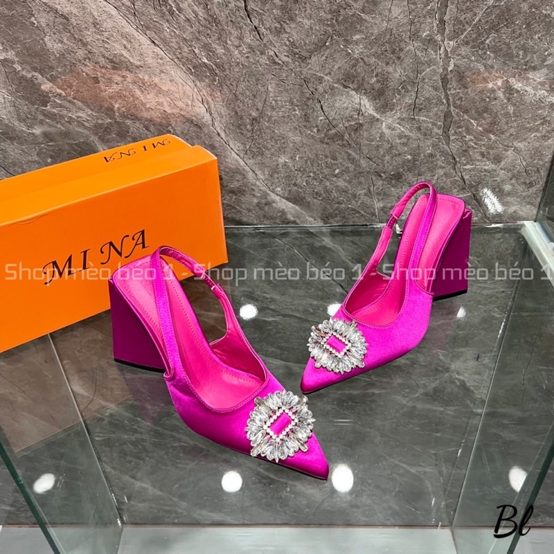 Sandal mũi nhọn mặt đá gót trụ loe fullbox hàng quảng châu cao cấp