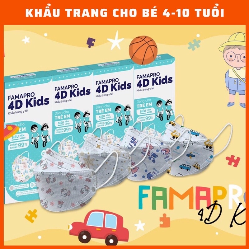 Khẩu trang y tế cao cấp 4D FAMAPRO KIDS trẻ em kháng khuẩn 3 lớp - Hộp 10 cái