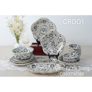 Các món bát đĩa tách lẻ set của bộ bát đĩa gốm sứ Bát Tràng cao cấp men rạn vẽ hoạ tiết cúc
