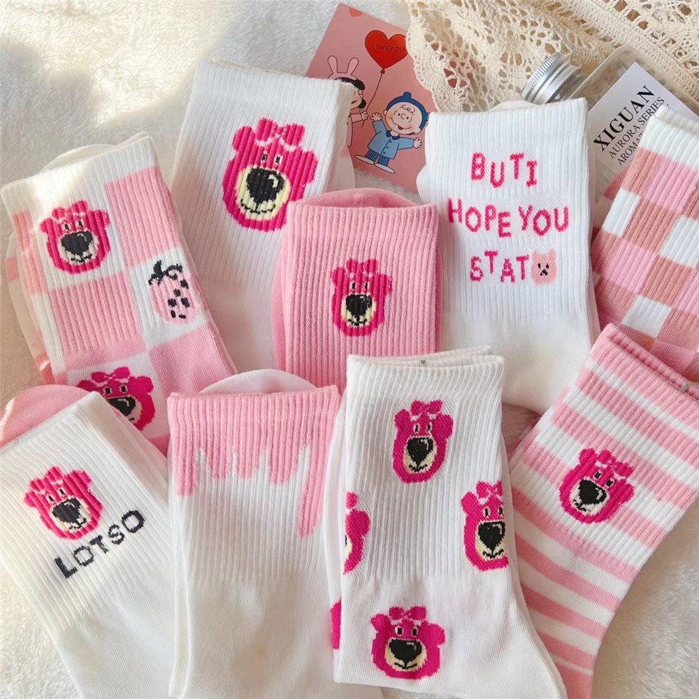 Cod Qipin INS Vớ Dài Họa Tiết Gấu Hồng Dâu Tây Hoạt Hình Phong Cách Lolita Hàn Quốc Ngọt Ngào Phụ Kiện Ngọt Ngào
