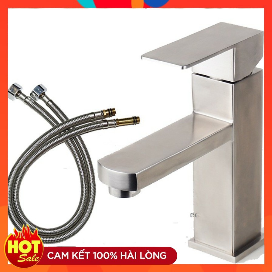 Vòi lavabo chậu rửa mặt vuông inox 304 SNL41 tặng đôi dây cấp nước inox