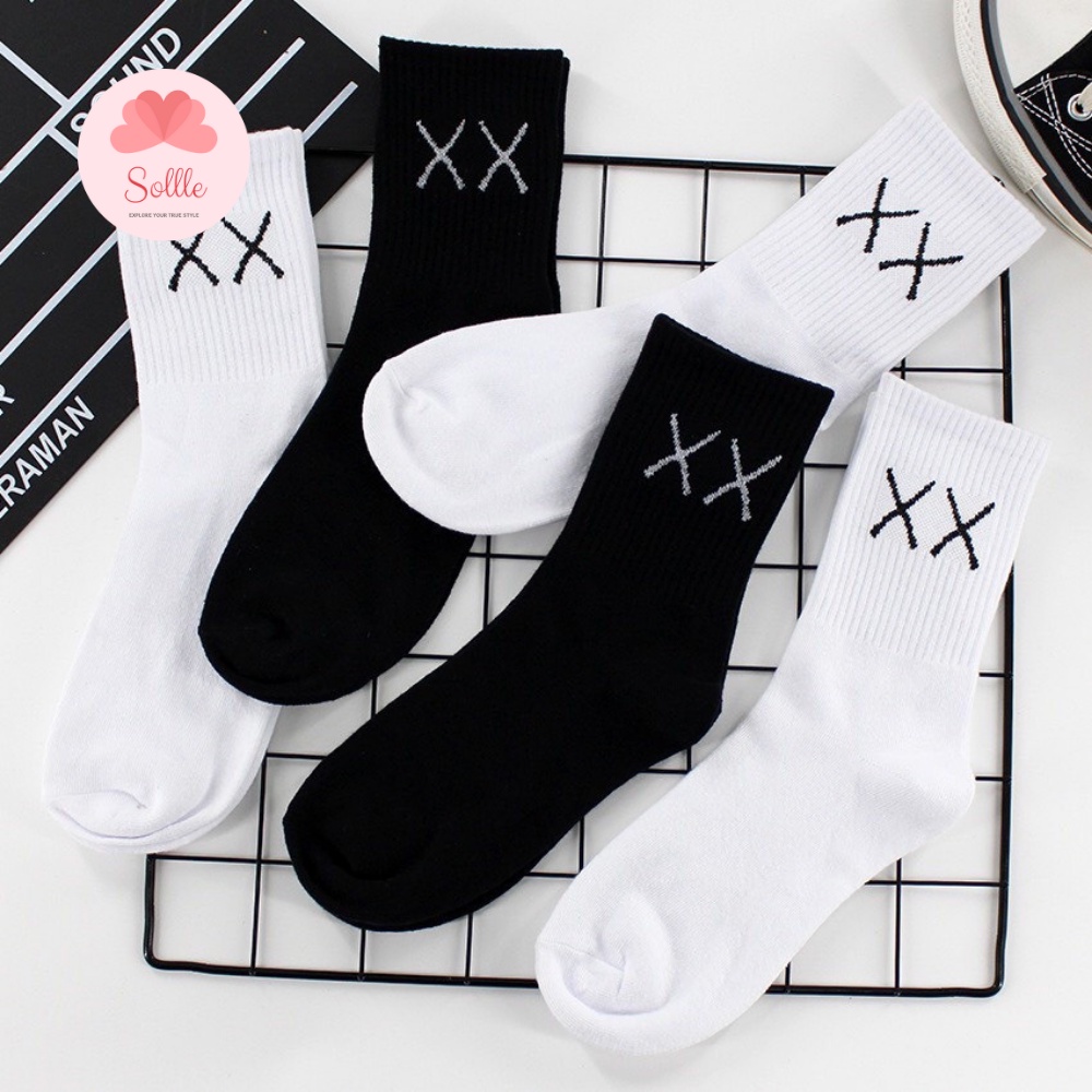 Tất vớ nam nữ cổ cao cổ lửng màu trơn đen trắng basic in chữ XX vải cotton thoáng mát Sollle