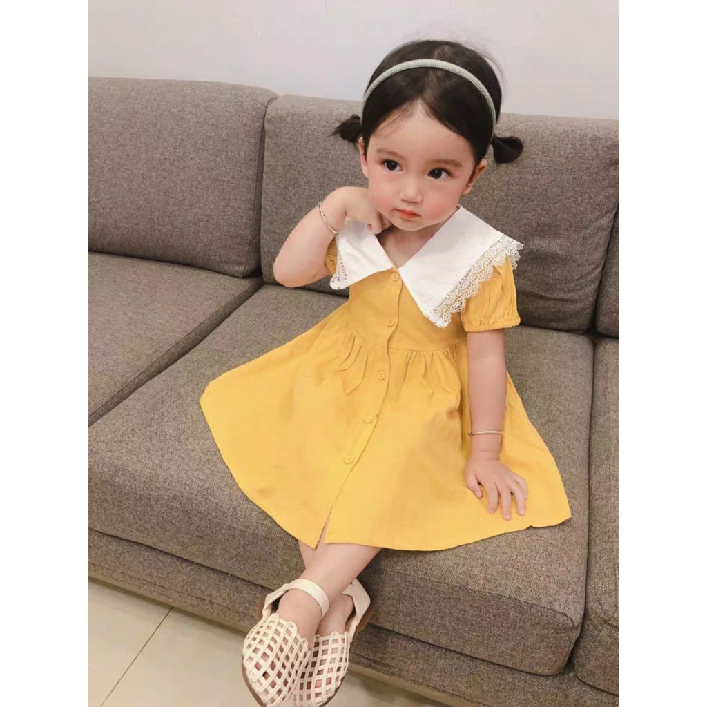 Váy bé gái - Váy thô cài cúc cổ ren siêu xinh cho bé gái 1-5 Tuổi [ELSAKIDS]