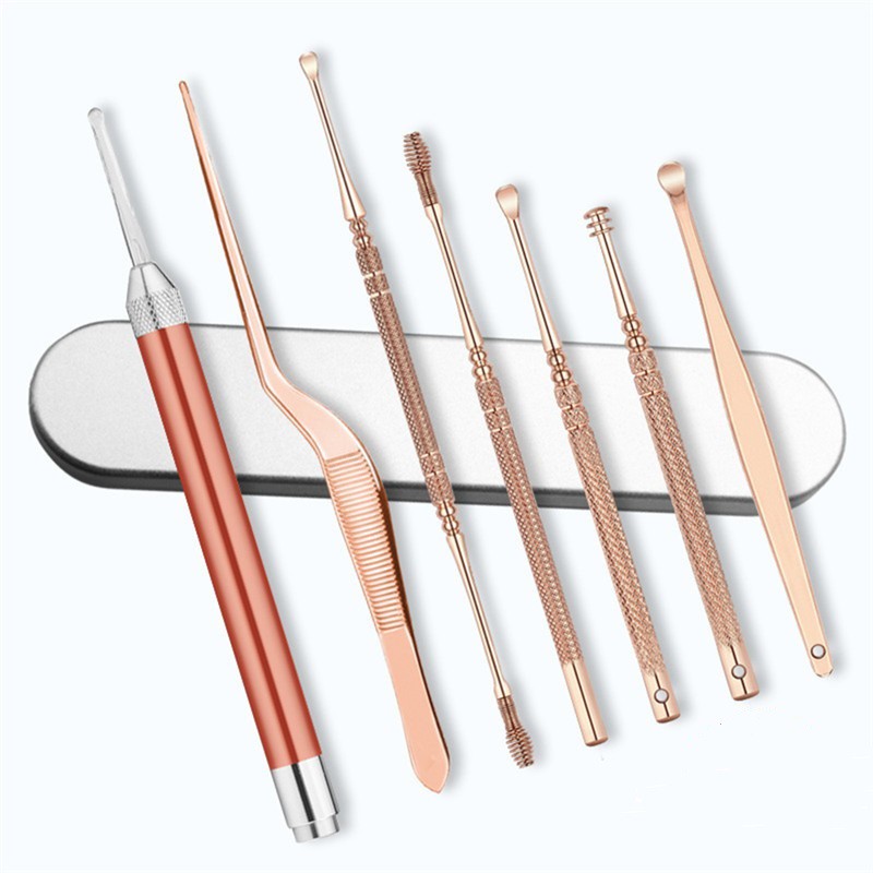 Bộ 7 Lấy Ráy Tai Có Đèn LED Bằng Thép Không Gỉ Màu Vàng Hồng Chất Lượng Cao [ FULLBOX ] Tặng Kèm 2 Pin AAA + 1 Móc Khóa | BigBuy360 - bigbuy360.vn