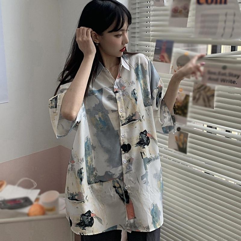 Áo Sơ Mi Voan Ngắn Tay Dáng Rộng In Họa Tiết Xinh Xắn Dành Cho Nữ
