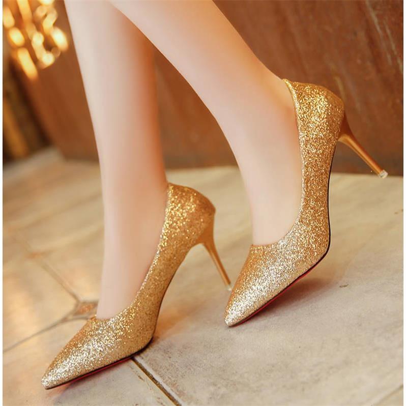 Giày Cao Gót Mũi Nhọn Đính Kim Sa Lấp Lánh Thời Trang
