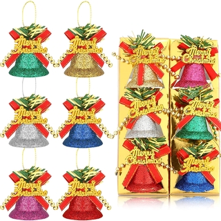 6 Pieces Christmas Glitter Bell Ornaments /Plastic Colorful Jingle Bells Craft Bells Set /Christmas Tree Hanging Bell Decorations with Bows for Xmas Tree Christmas Party Decor