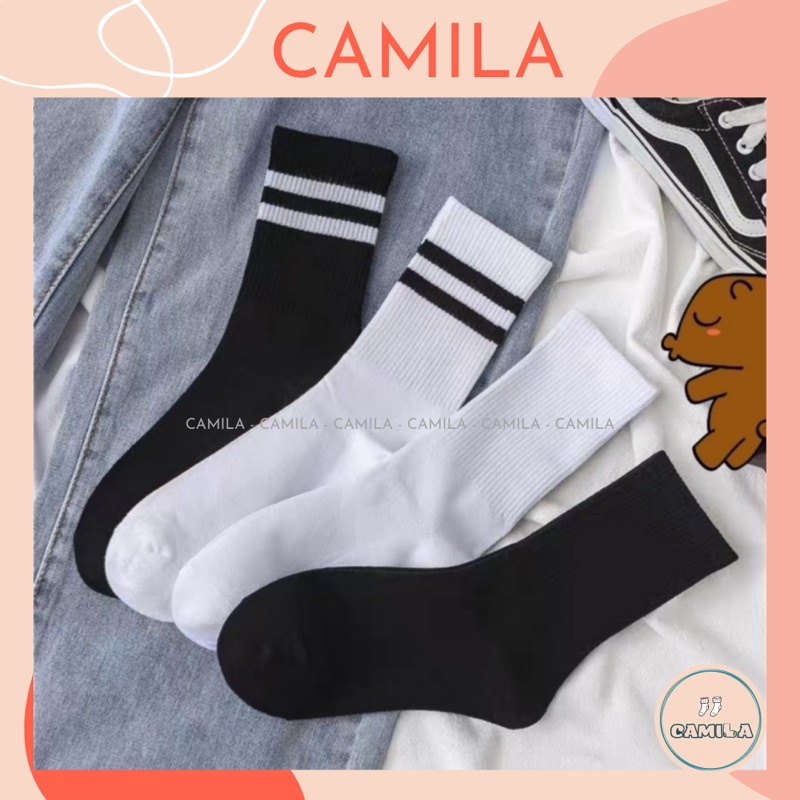 Tất nam nữ cổ cao Hàn Quốc 2 sọc đen trắng chất cotton thoáng mát CAMILA T46