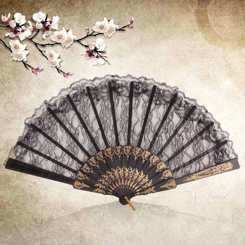 LEOTA 1pcs Folding Lace Hand Fan New Fancy Dress Chinese Vintage Bar Dancing Wedding Black Hot Sale Costume Party/Multicolor