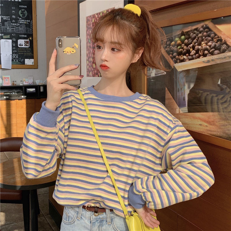 Áo Thun Dài Tay Họa Tiết Sọc Ngang Thời Trang Cho Nữ