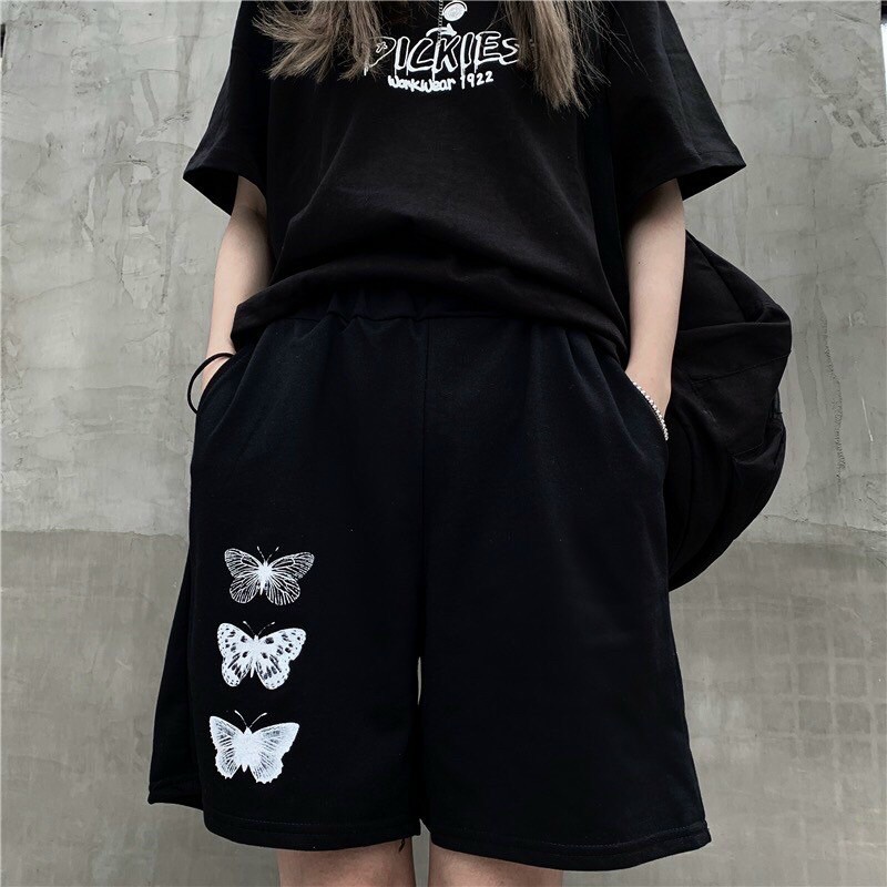 Quần short đen in hình bướm unisex nam nữ - Quần short thun ống rộng thể thao