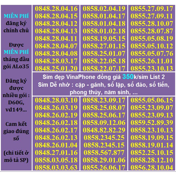 Sim Vina số đẹp 350k List 2 Hỗ Trợ ĐK chính chủ Miễn phí gói ALO35 tháng đầu, ĐK được gói VD149-D60G...(xem chi tiết SP)