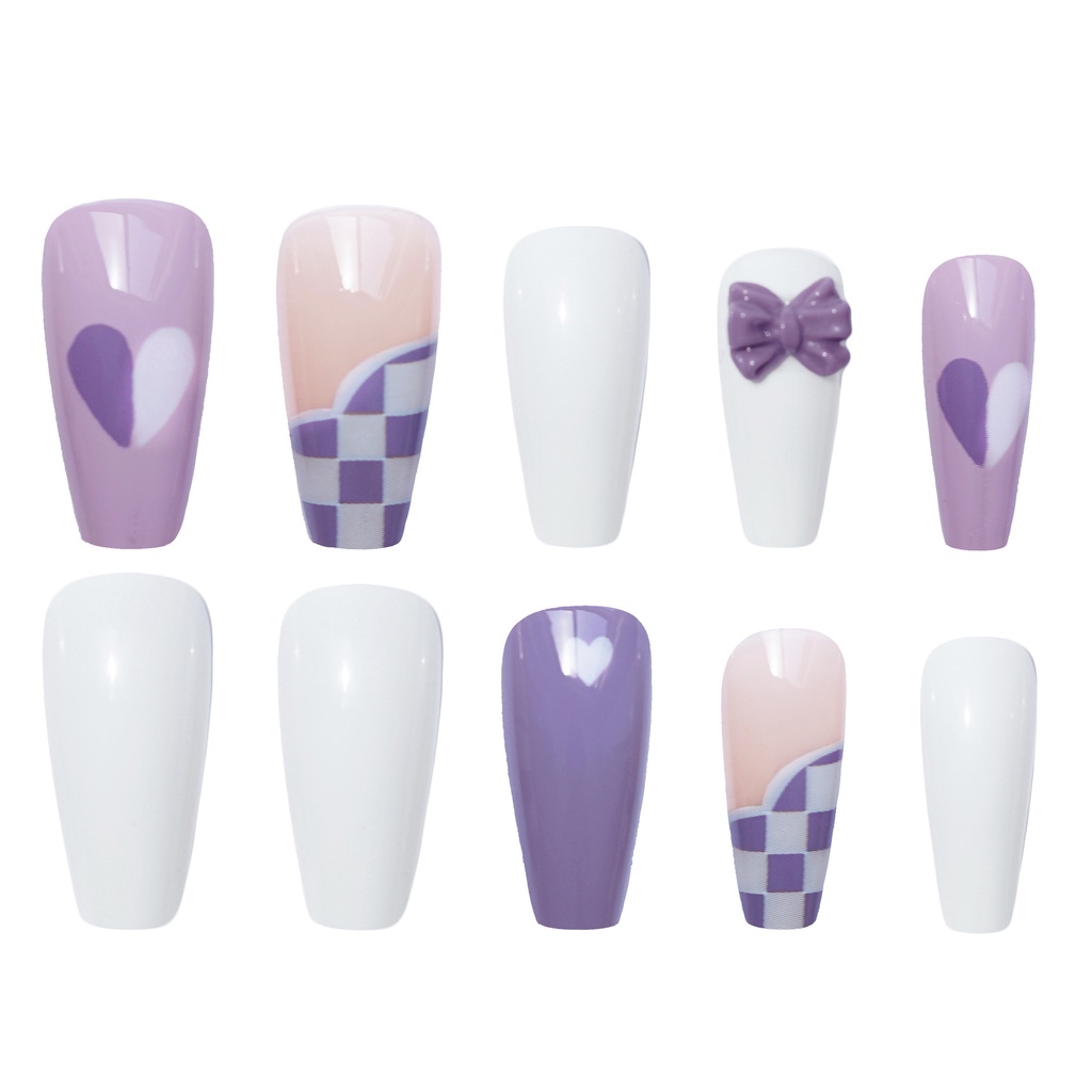 Z-300 Móng Tay Giả Ngắn Kẻ Caro Màu Tím Hình Bướm Xinh Xắn