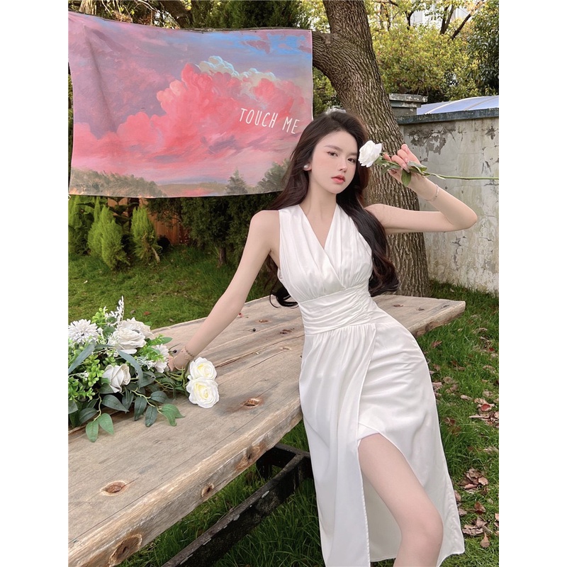 Đầm trắng hai dây xẻ tà midi Emilyshop ulzzang