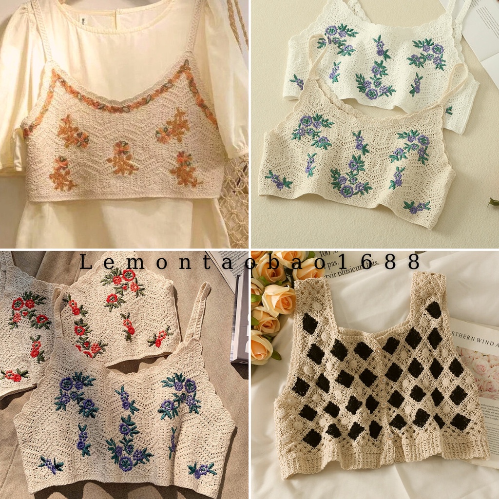 Áo 2 dây thêu hoa dệt kim croptop có thể mặc bên ngoài