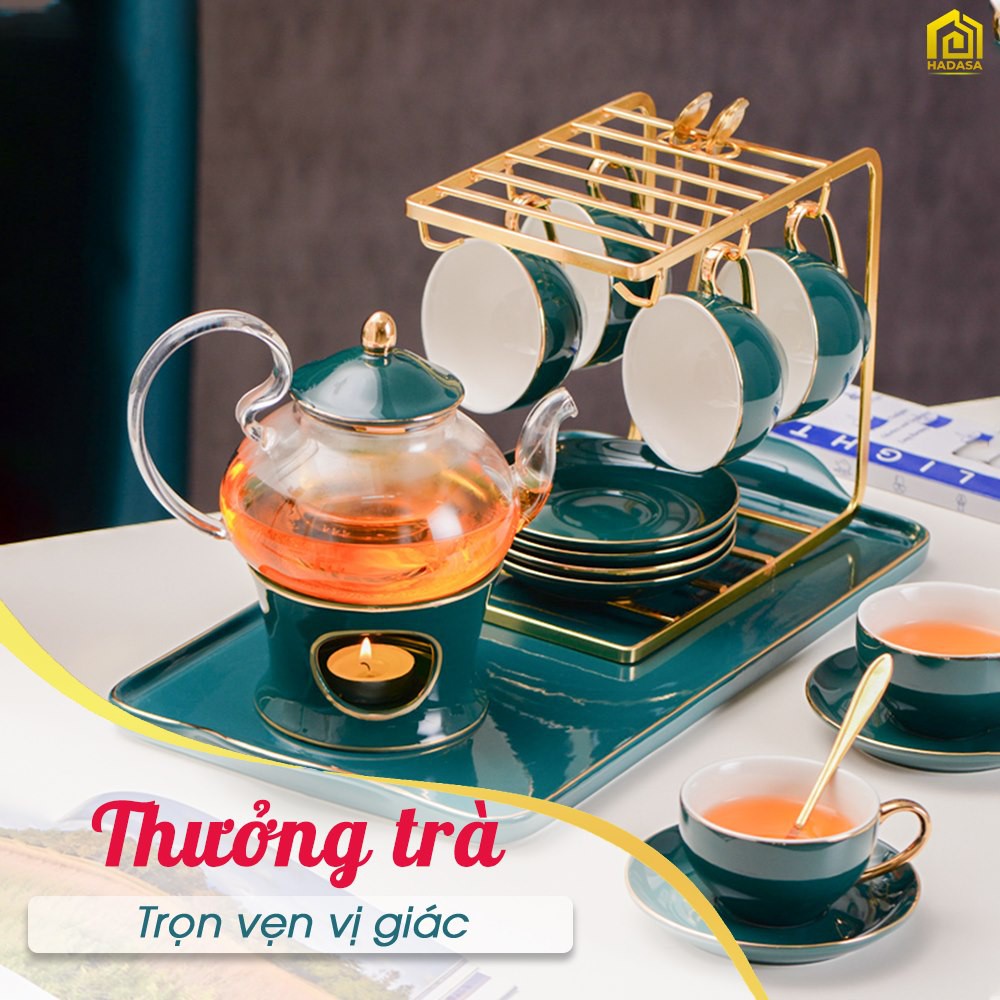 Bộ ấm trà sang trọng, tinh tế cốc sứ xanh viền vàng, bộ ấm trà hoàng gia - Tặng kèm khay sứ - Bảo hành 2 năm