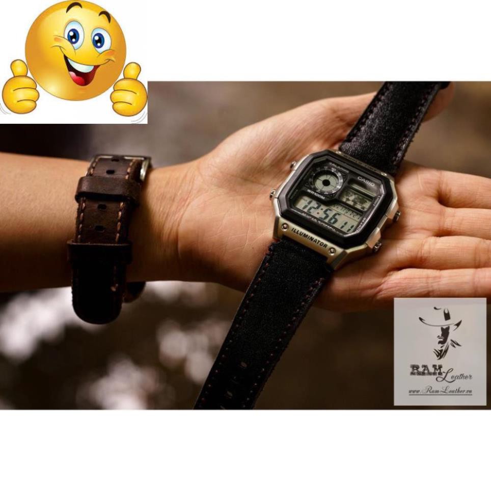 Dây đồng hồ da bò cho Casio AE1200 WHD và Seiko 5 37mm - Da bò đen tuyền (Tặng Khóa + Cây thay dây + 2 chốt) .