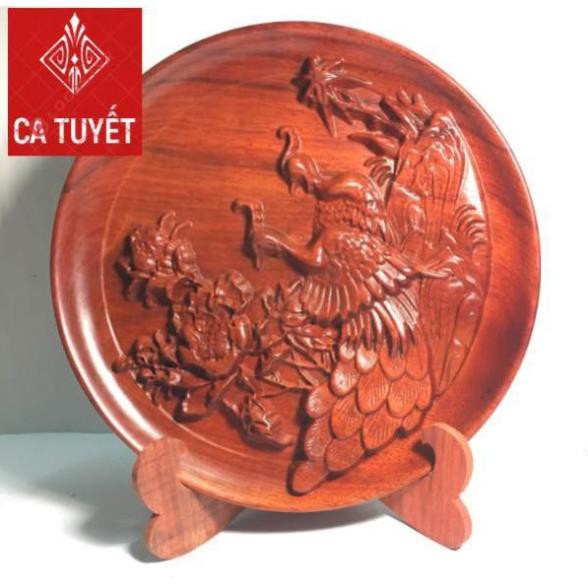 ĐĨA GỖ HƯƠNG VÂN NGUYÊN KHỐI ĐỂ BÀN, KỆ TỦ ĐÔI CHIM CÔNG SIÊU ĐẸP ( SIZE 26CM) (ẢNH THẬT)