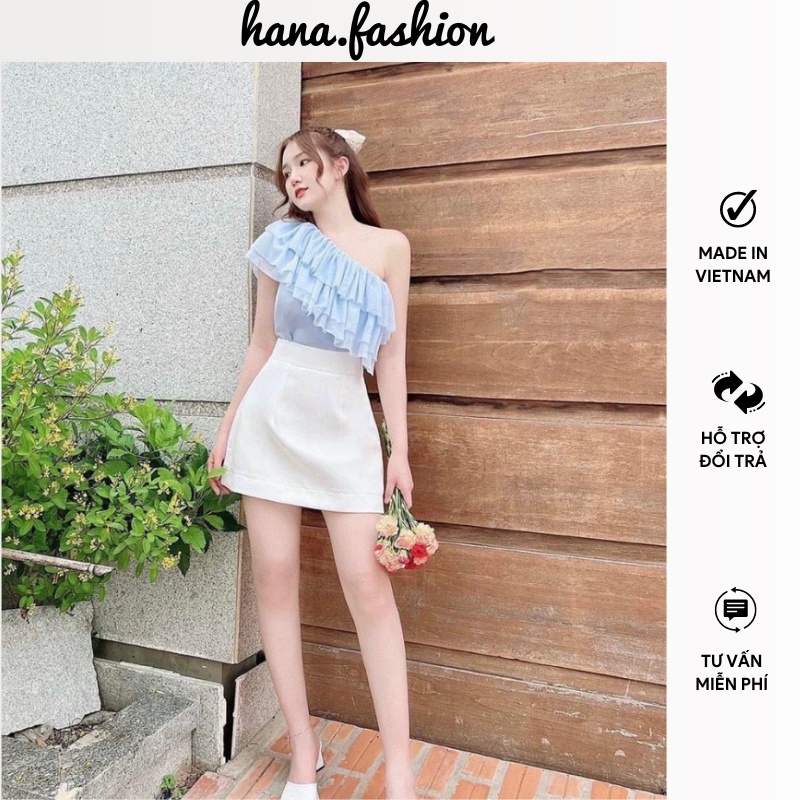 Set áo nữ voan xanh lệch vai tầng kèm chân váy trắng phù hợp dự tiệc đi đám cưới du lịch dạo phố
