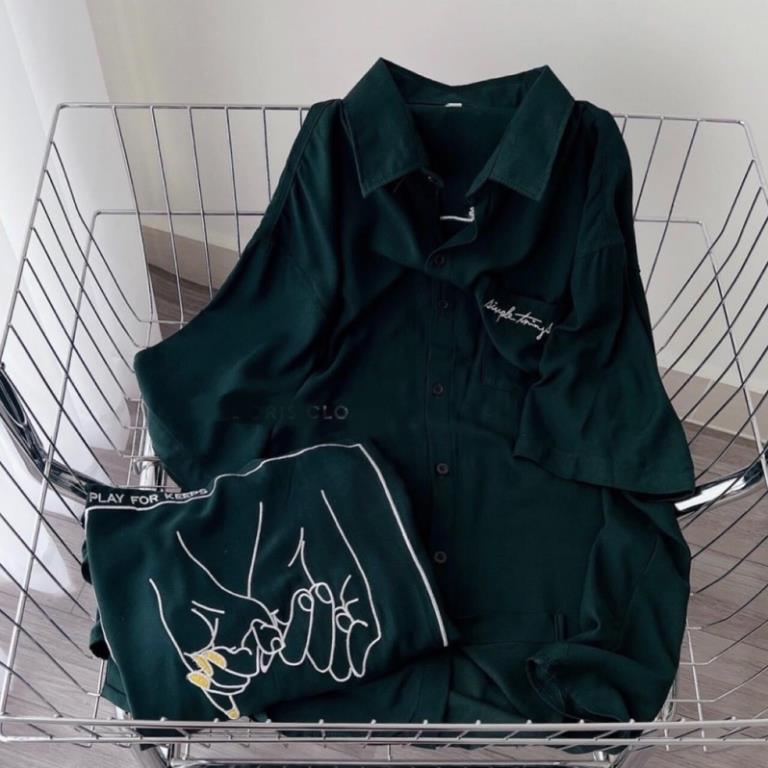 [Xả Kho] Áo Sơ Mi Tay Ngắn Simple Mầu Xanh Form Rộng Unisex Nam Nữ( Hàng Sẵn)