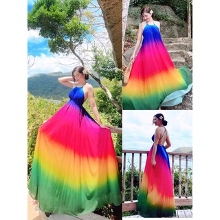 (miễn phí chỉnh váy) đầm maxi yếm hở lưng màu loang ombre cầu vồng nhiều màu đi biển du lịch chụp hình sống ảo thiết kế