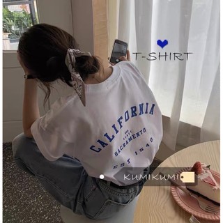 Áo phông cotton trắng in chữ California xanh basic style Hàn Quốc