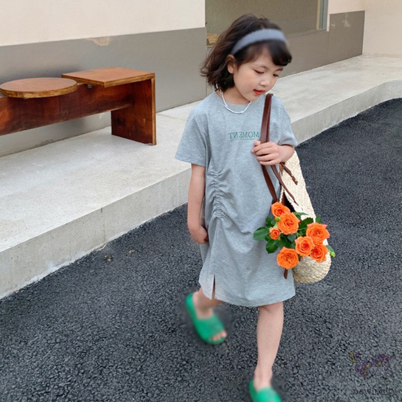 Đầm Tay Ngắn In Chữ Thời Trang Mùa Hè Hàn Quốc Cho Bé Gái