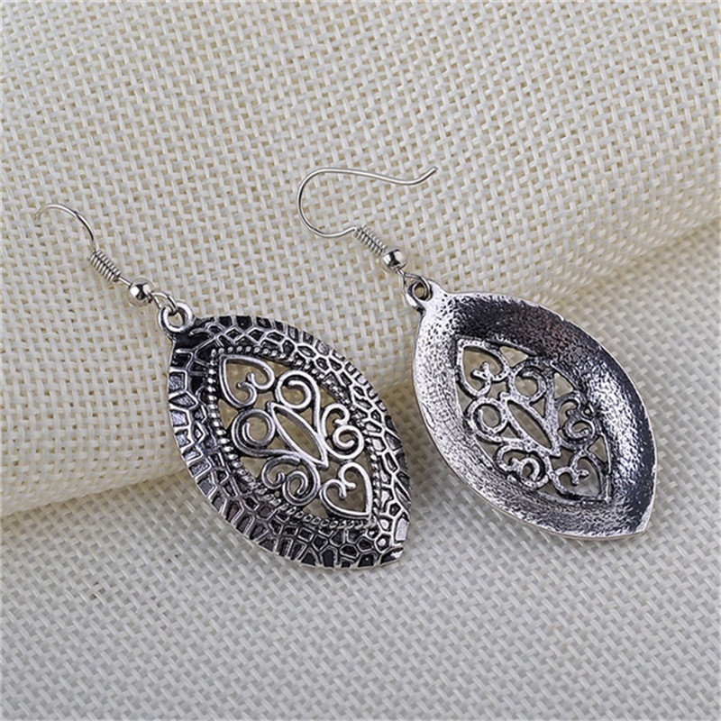 Women Simple Jewelry Bohemia Fashion Silver Hollow Carved Water Drop Earrings Gift