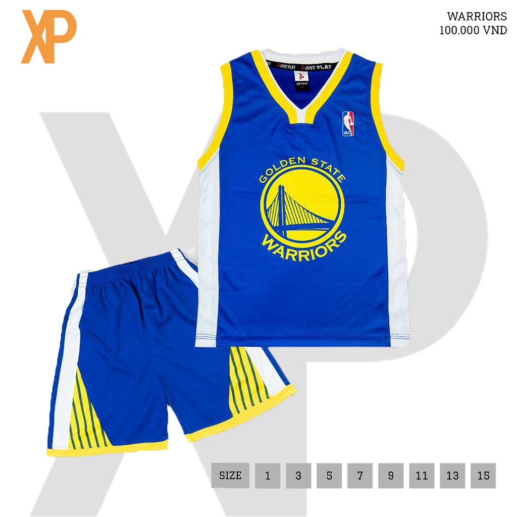 Quần áo bóng rổ trẻ em, đồ thể thao cho bé Warriors Xanh Siêu cưng Vải mè cao cấp