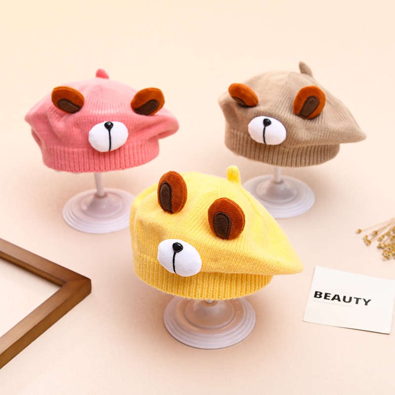 Mũ len nồi cho bé trai gái từ 3 tháng đến 24 tháng tuổi dệt kim hình chú gấu dễ thương Nón beret trẻ em ML35