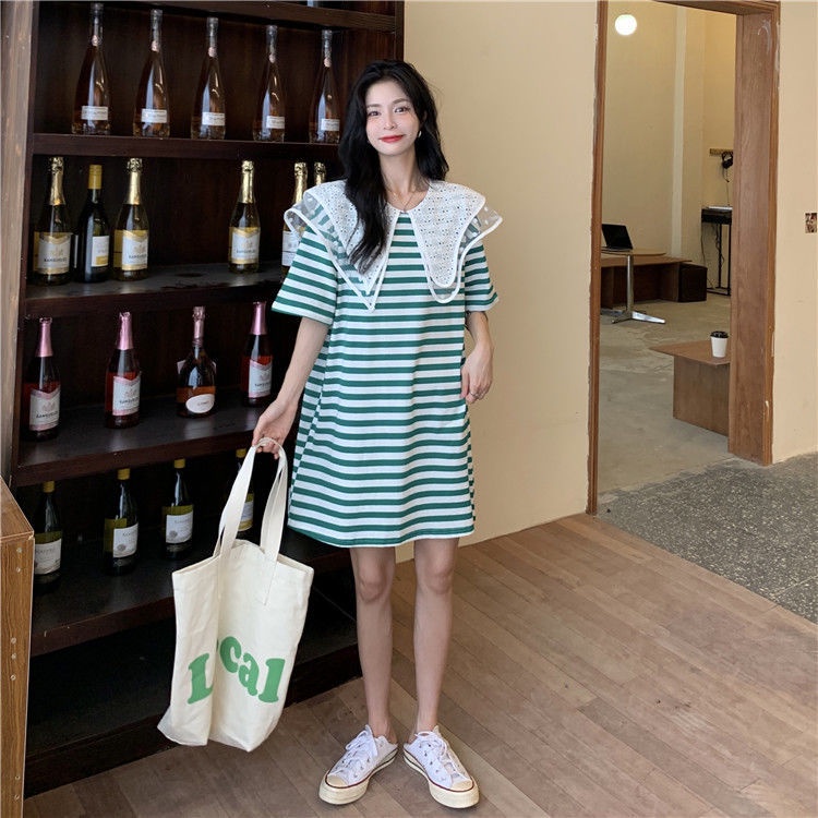 Đầm Tay Ngắn Ống Loe Họa Tiết Kẻ Sọc Phong Cách Hàn Quốc